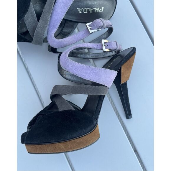 Prada Suede Color Block Put Out Heeled Sandals - Size 36.5/ US 5.5 - Multic - Picture 5 of 10